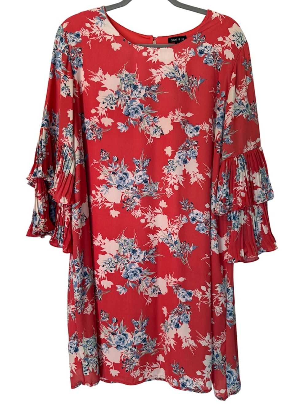 Sami & Jo Red Floral Midi Dress with Ruffle Bell Sleeves
